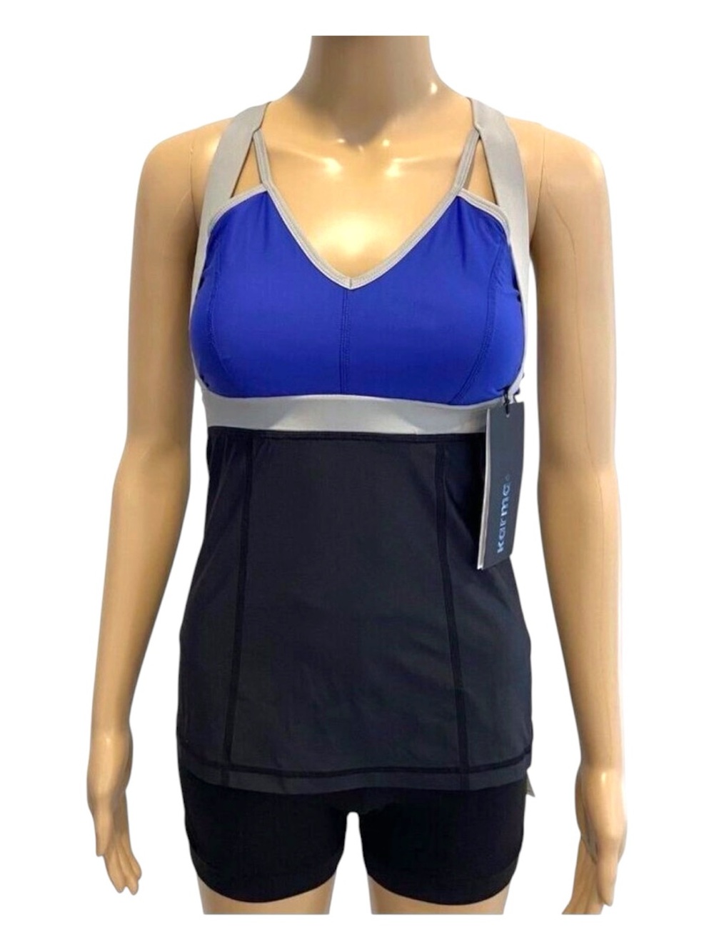 Karma Athletics Womens Blue & Black Strappy Tank Top With Built-In Bra NWT